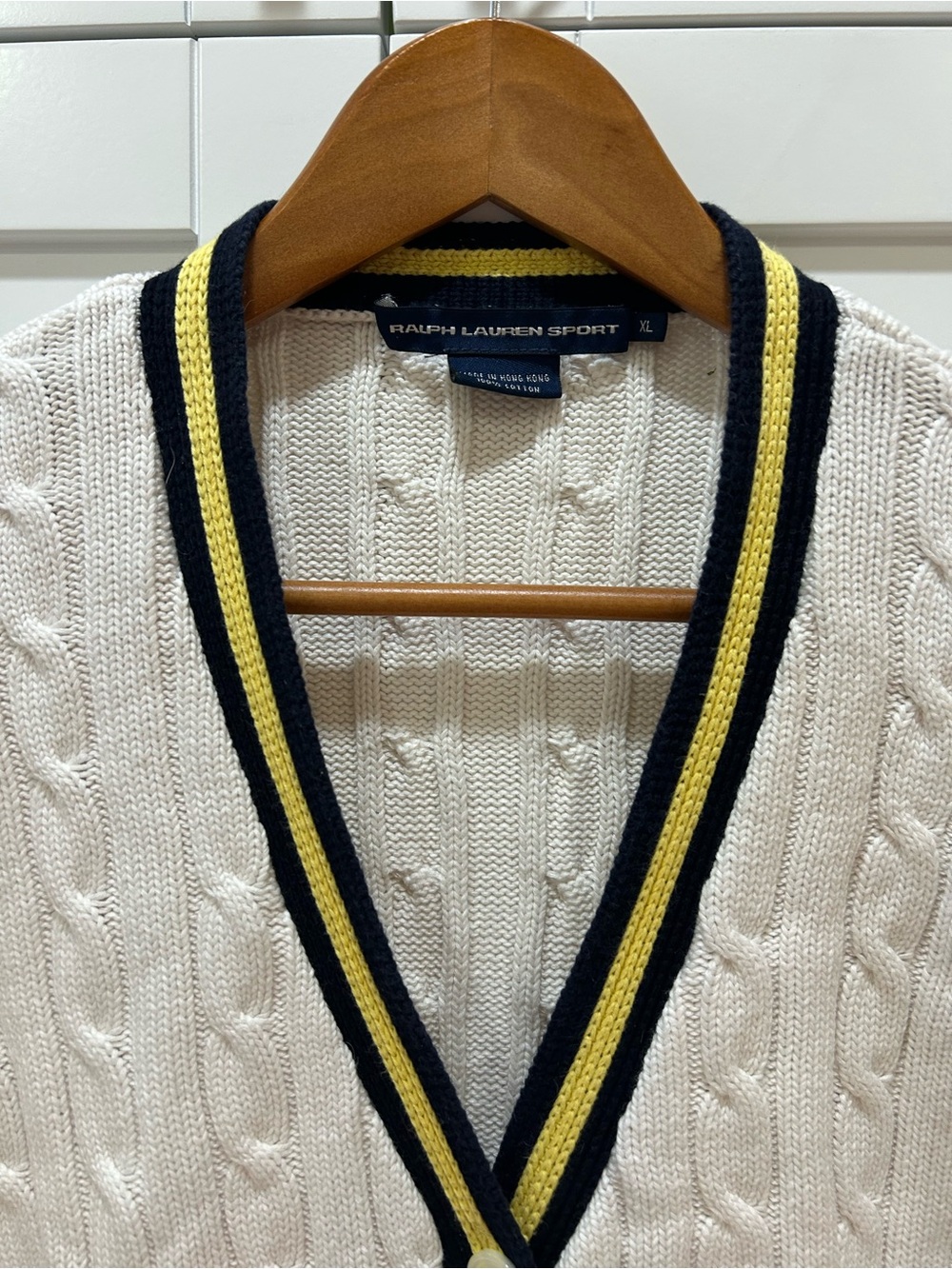Ralph Lauren Sport XL Cream Cable-Knit Cardigan with Navy & Gold Trim - Picture 4 of 7